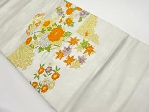 リサイクル　格子に草花・古典柄模様織出し名古屋帯